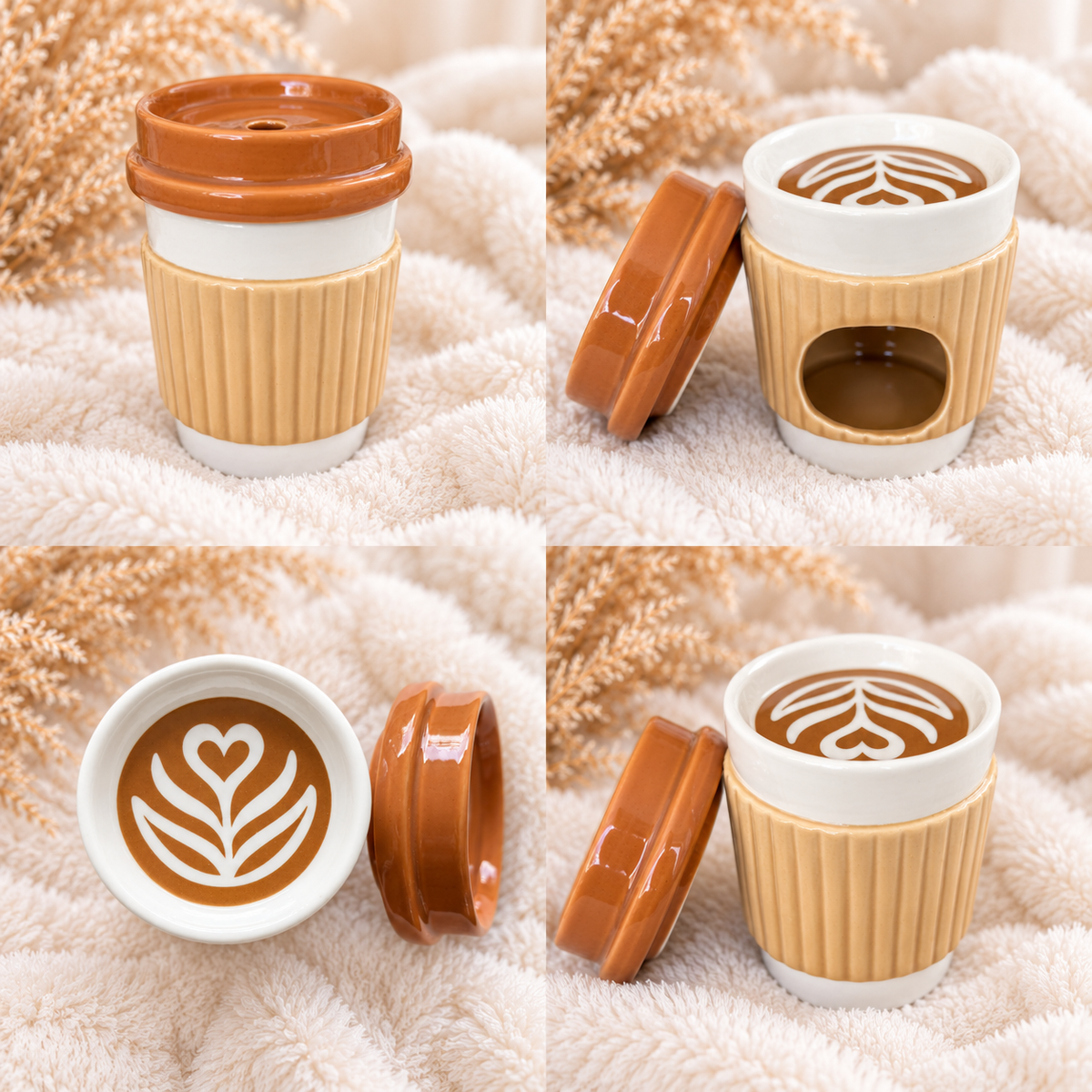 Duftlampe Kaffeetasse aus mehreren Blickwinkeln mit Deckel, Wachsschale und Teelichtöffnung