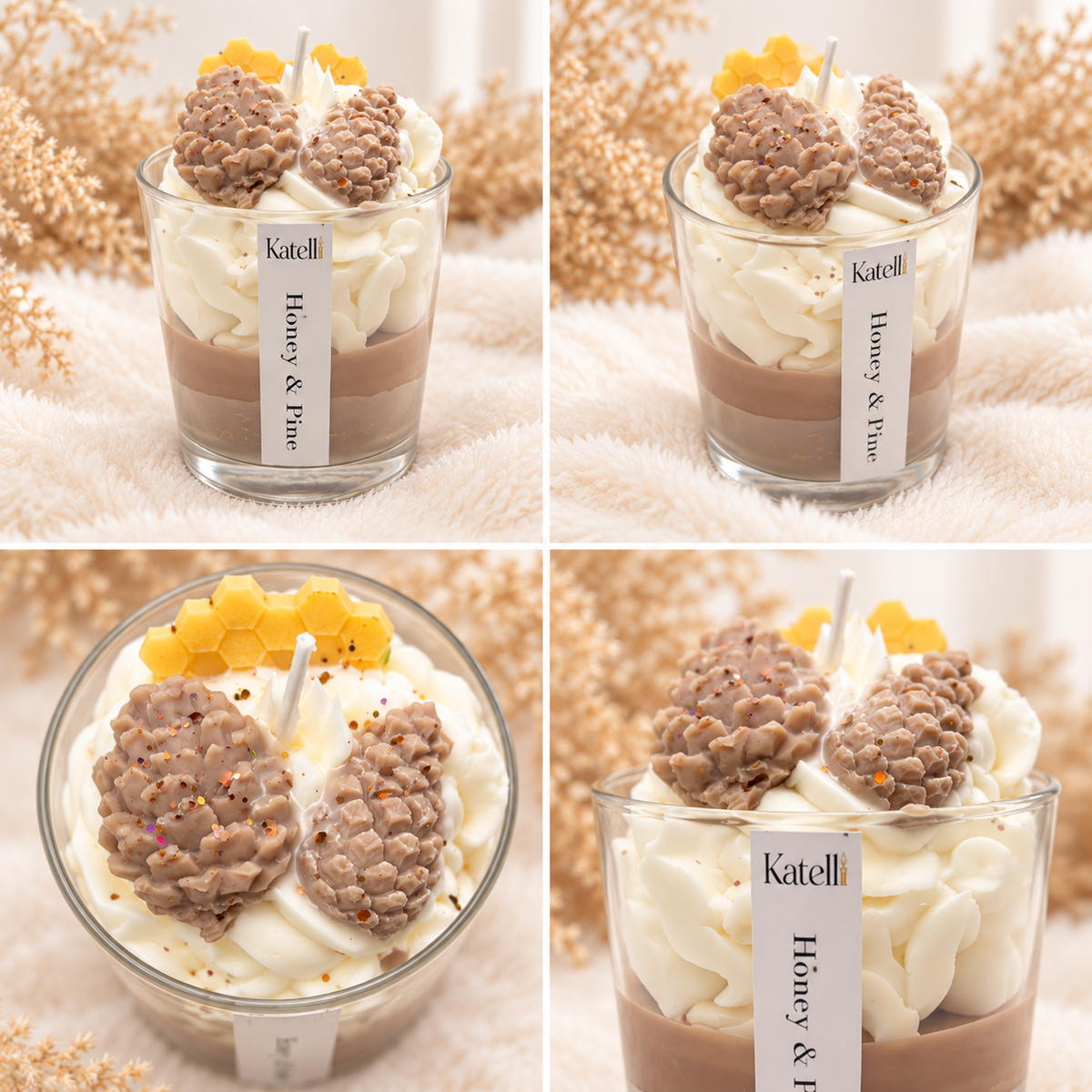 Honey & Pine Duftkerze von Katelli aus mehreren Blickwinkeln