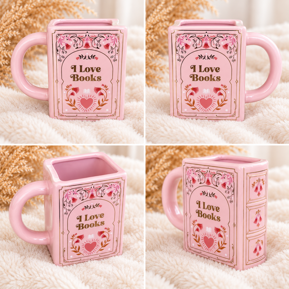 Collage der rosa I Love Books Tasse in Buchform aus mehreren Blickwinkeln