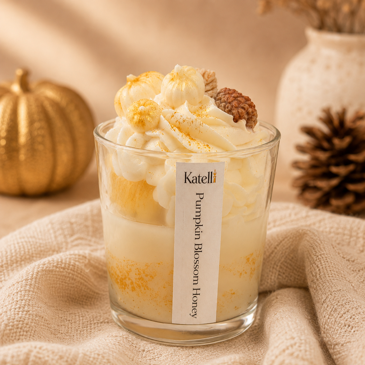 Detailansicht der Pumpkin Blossom Honey Duftkerze von KATELLI mit Kerzensahne und kleinen Wachskürbissen