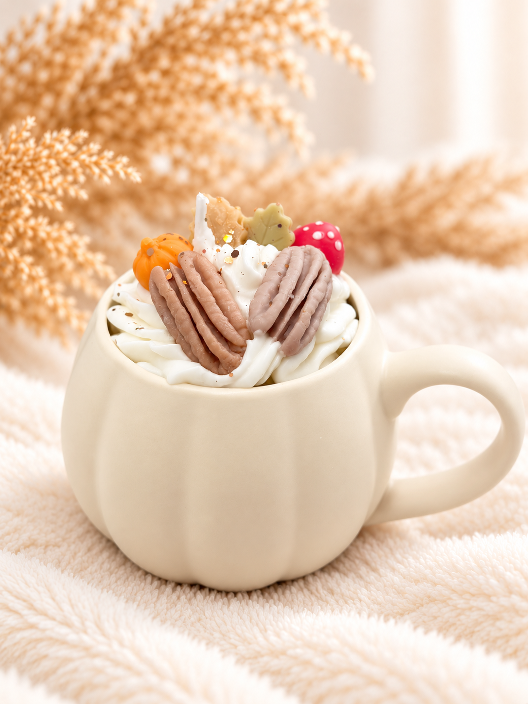 Cremefarbene Kürbis-Tassenkerze mit weißem Duftwachs und herbstlichen Wachselementen