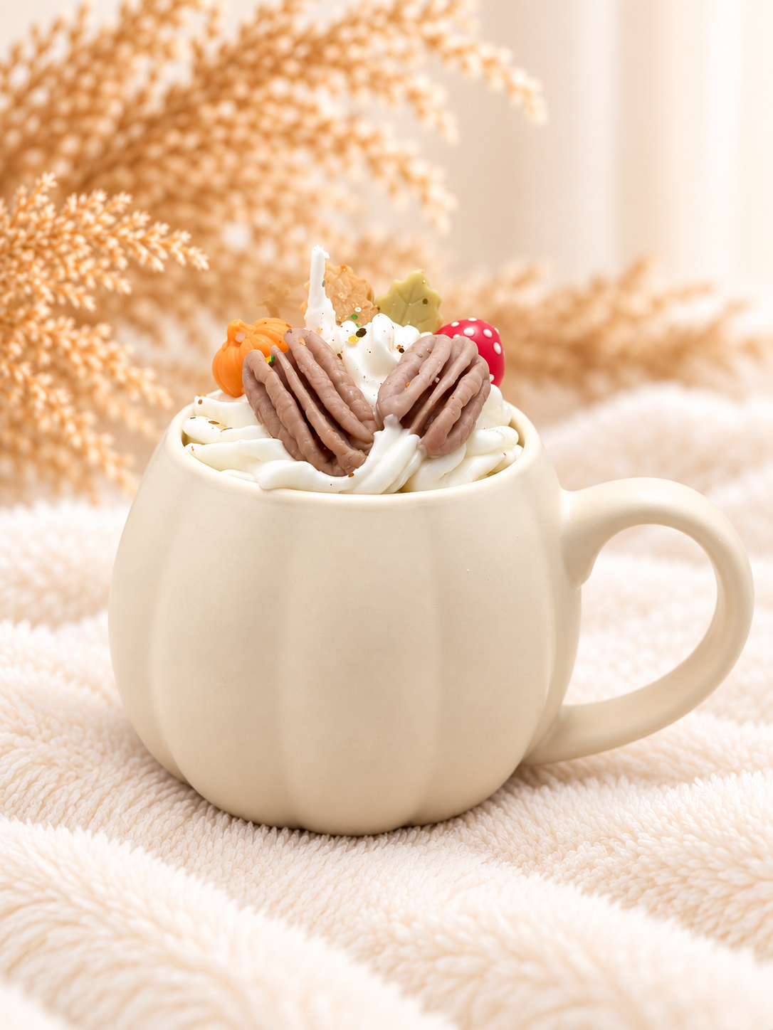 Kürbis-Tassenkerze Creme mit Pecan-Pie-Duft, Pekannüssen, Kürbis, Pilz und Herbstblättern