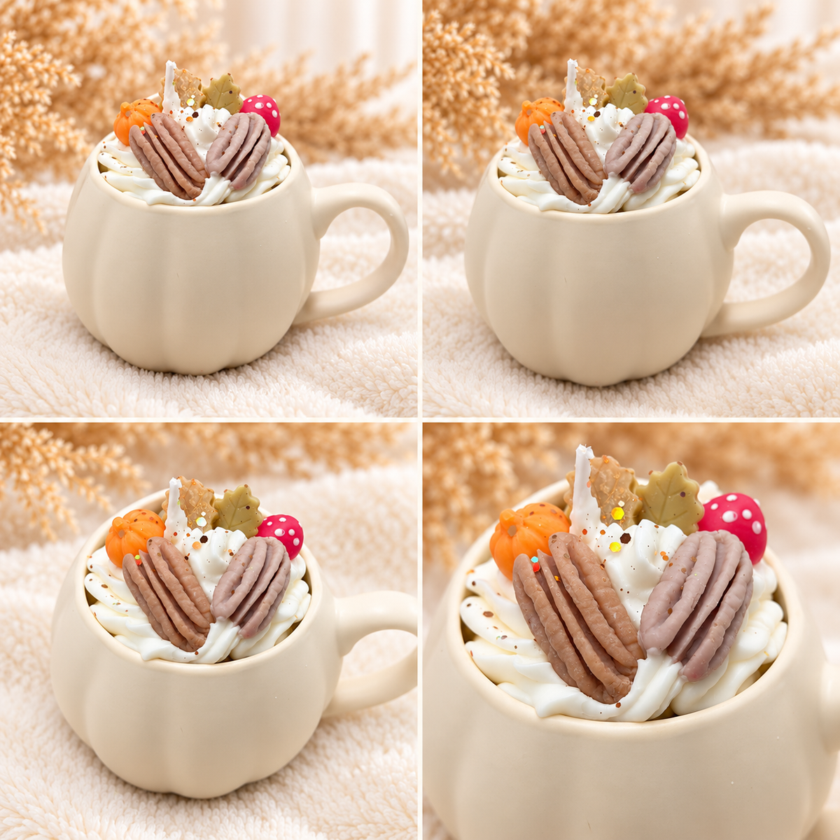 Collage der cremefarbenen Kürbis-Tassenkerze mit Pecan-Pie-Duft aus mehreren Blickwinkeln