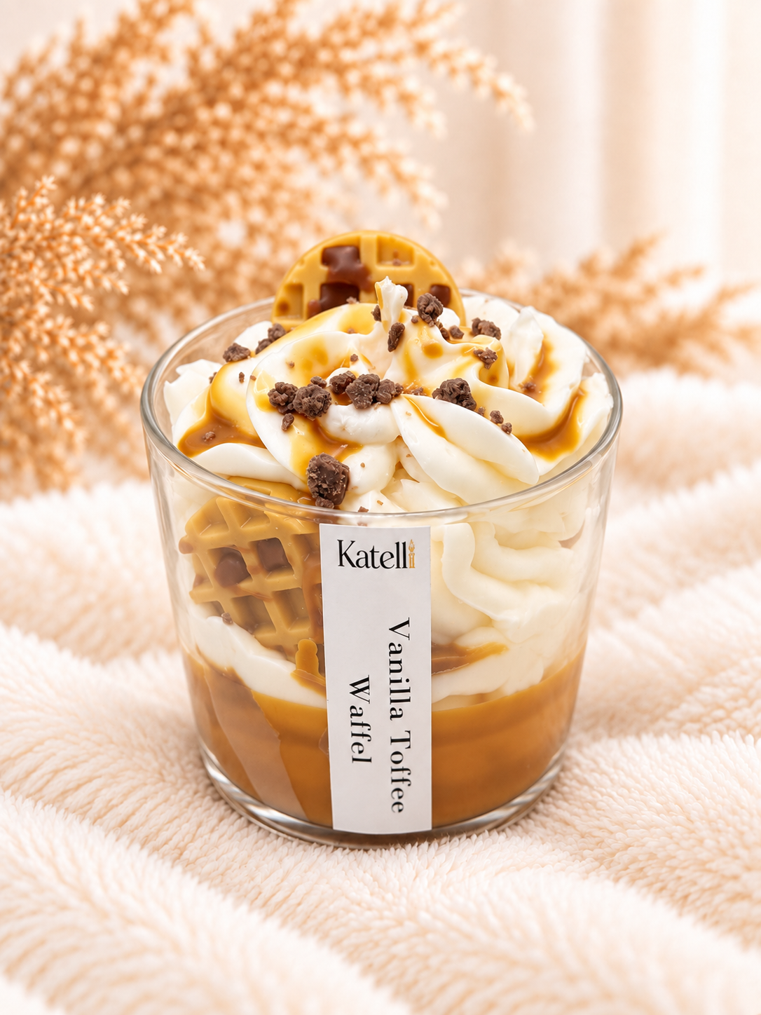 Vanilla Toffee Waffel Duftkerze mit cremigem Vanille-Toffee-Duft im klaren Glas
