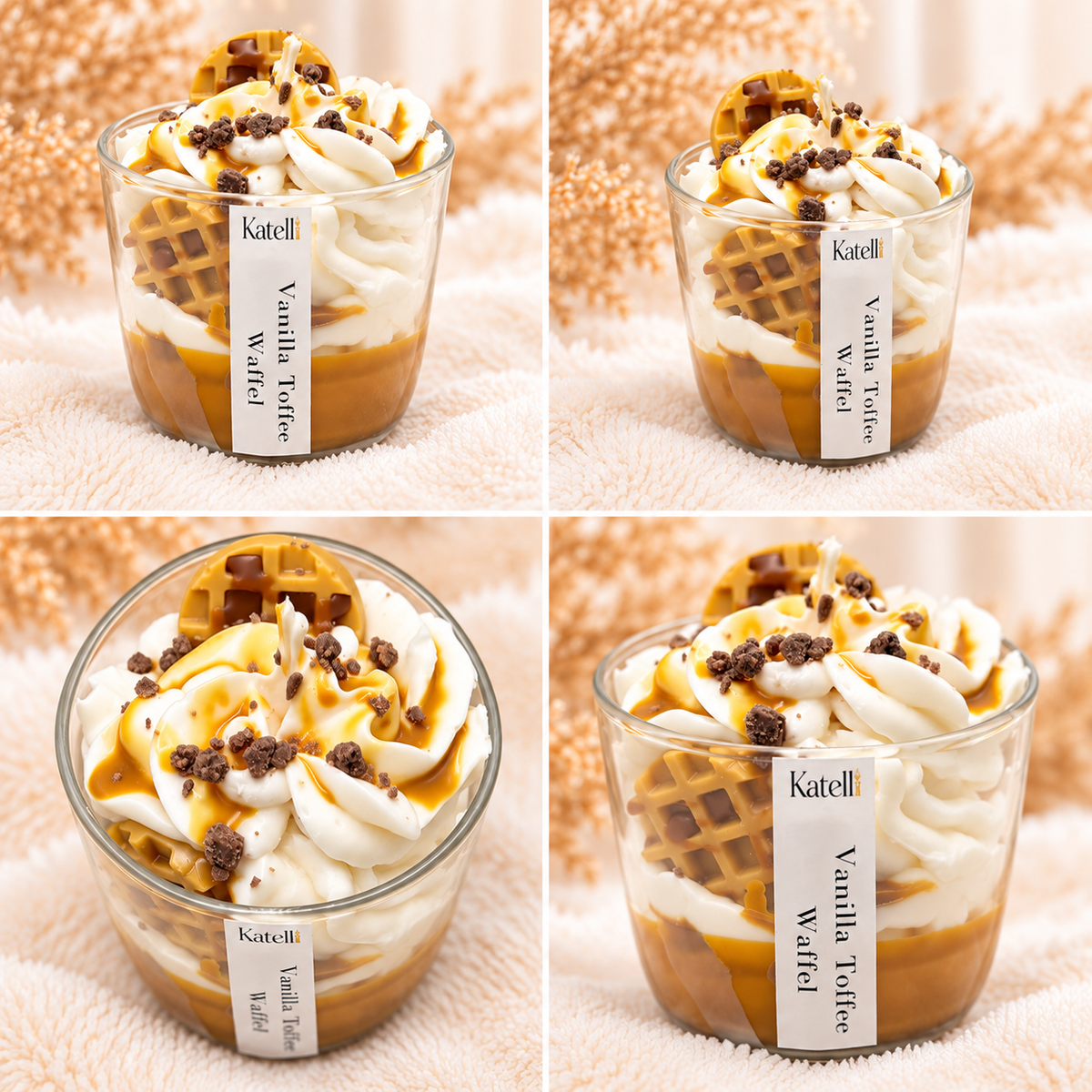Collage der Vanilla Toffee Waffel Duftkerze von Katelli aus mehreren Blickwinkeln